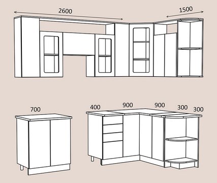 Размеры элементов модульной мебели для кухни Виола